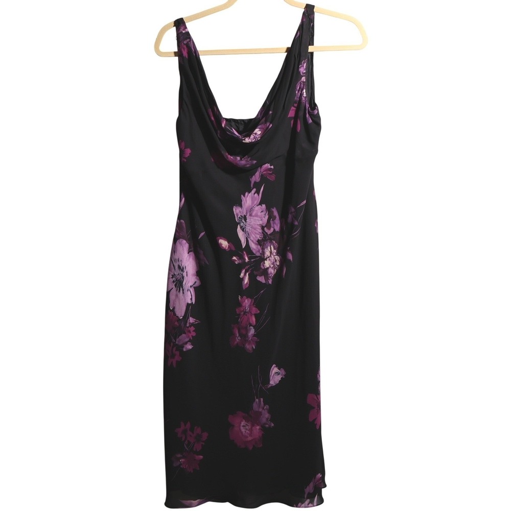 Jones New York Dress Womens 12 Black Purple Floral Cowl Neck Midi Viscose Rayon
